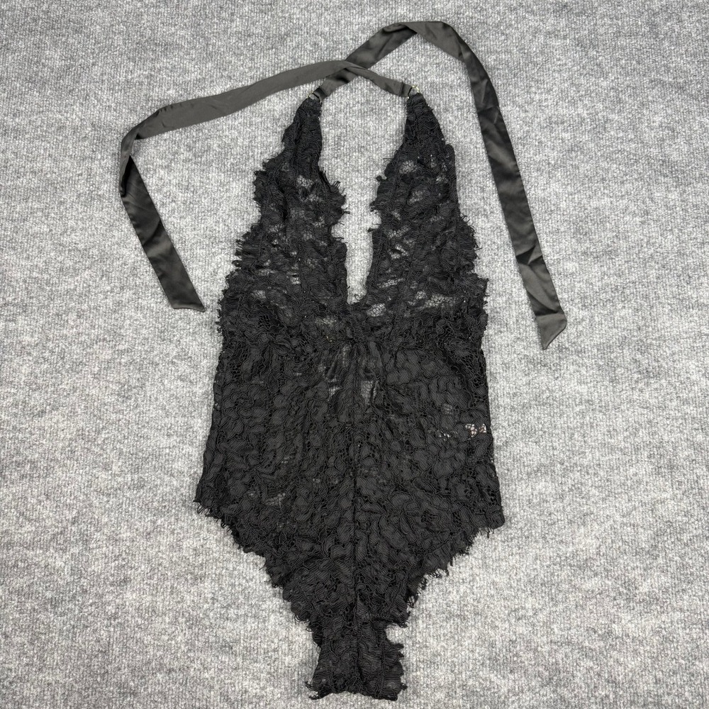 Bluebella Natalia Black Lace Halter Teddy Bodysuit Deep V Open Back Satin Tie Sm